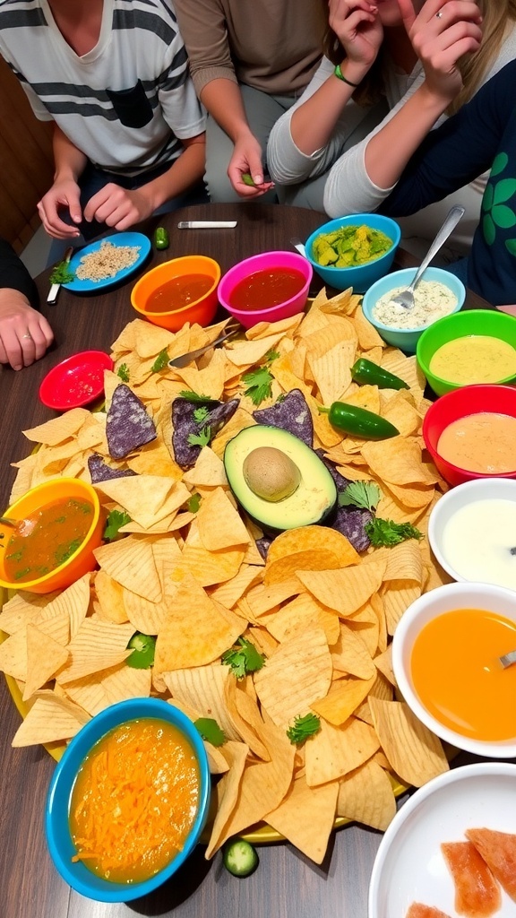 Crunchy Chips Mukbang Recipe A colorful assortment of chips with dips for a mukbang setup.